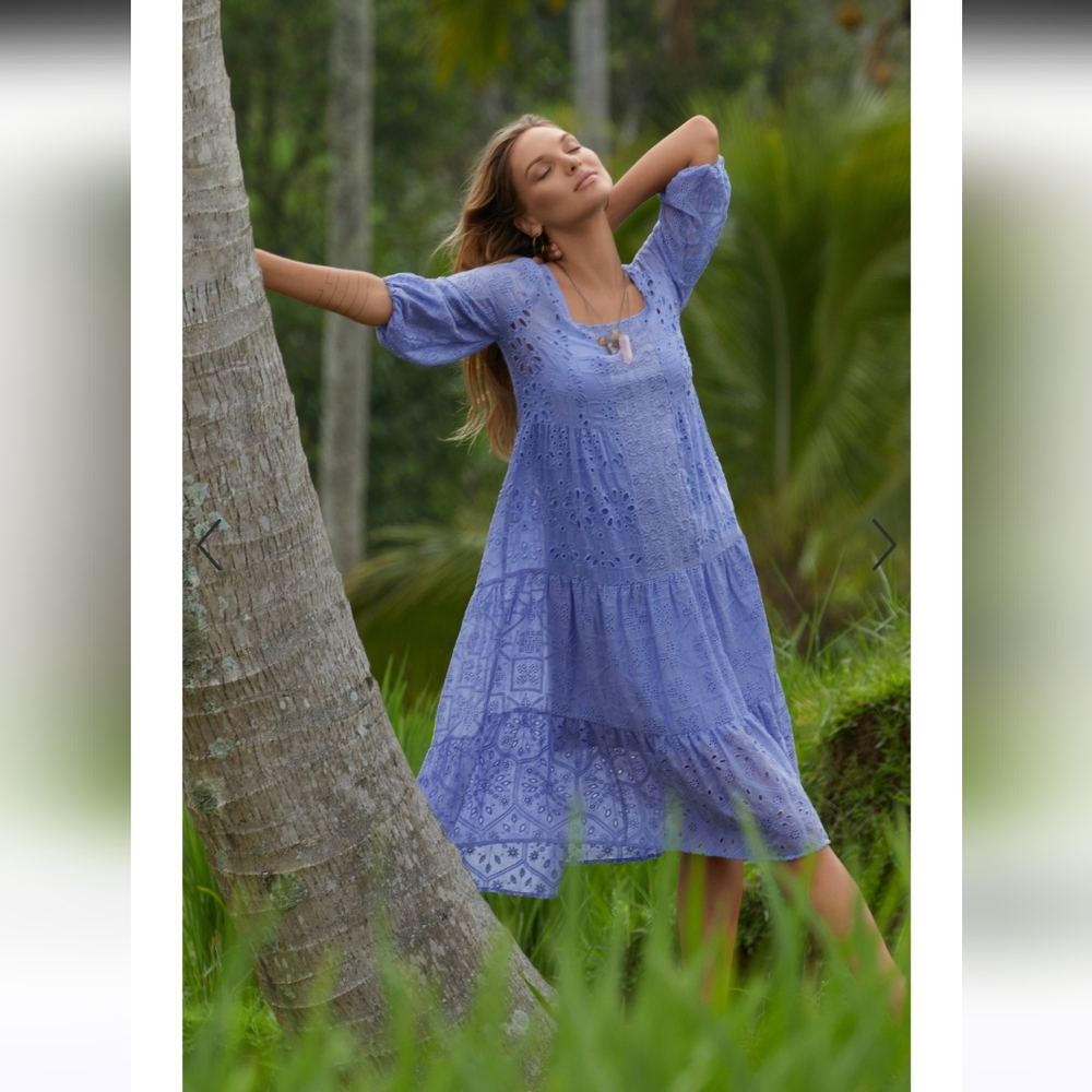 Johnny Was Boho Castillo Eyelet Periwinkle Purple Tiered Dress, XL - Picture 5 of 12